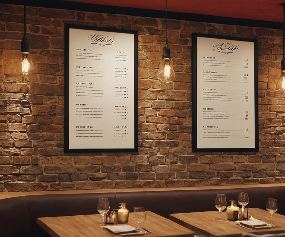 Wandmenü in einem Restaurant, gedruckt auf PVC.