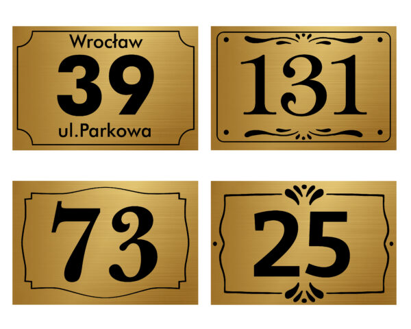 Złota tablica reklamowa Dibond szczotkowana z numerem budynku