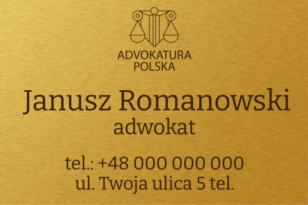 Złota szczotkowana tablica reklamowa Dibond z nadrukiem kancelaria