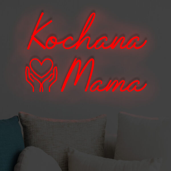 Czerwony neon LED napis Kochana Mama z sercem w dłoniach – wyrazisty akcent