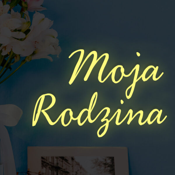 Żółty neon LED napis Moja Rodzina – ciepłe światło, dekoracja ścienna