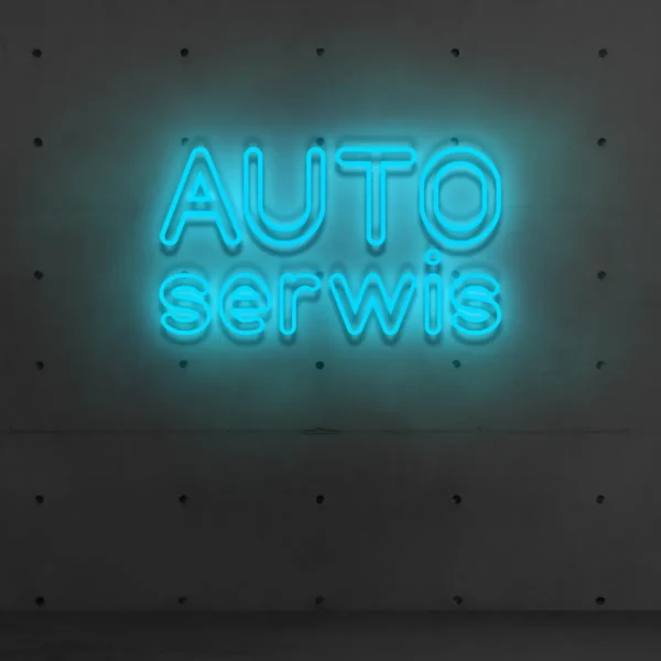 Niebieski neonowy napis „AUTO serwis” świecący szyld