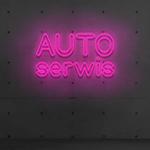 Różowy neon LED z napisem „AUTO serwis” dekoracja warsztatowa