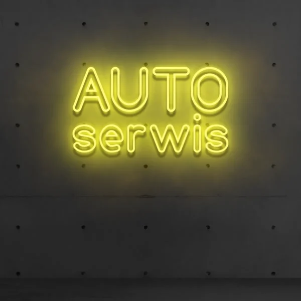 Żółty neonowy napis „AUTO serwis” reklama świetlna