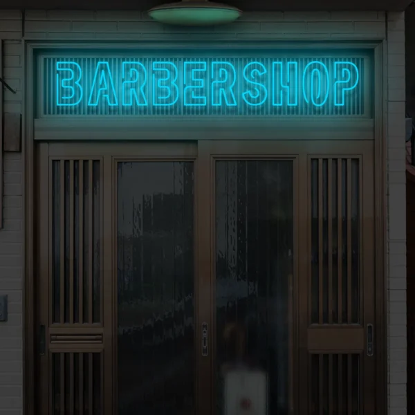 Niebieski neonowy napis BARBERSHOP świecący szyld