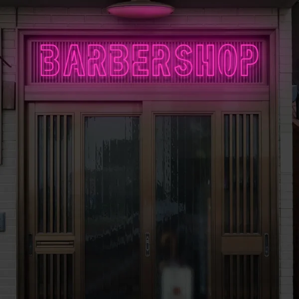 Różowy neon LED z napisem BARBERSHOP dekoracja lokalu