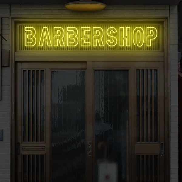 Żółty neon BARBERSHOP stylowa ozdoba wejścia