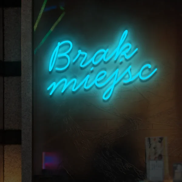 Niebieski neon LED z napisem Brak miejsc świecący znak w witrynie