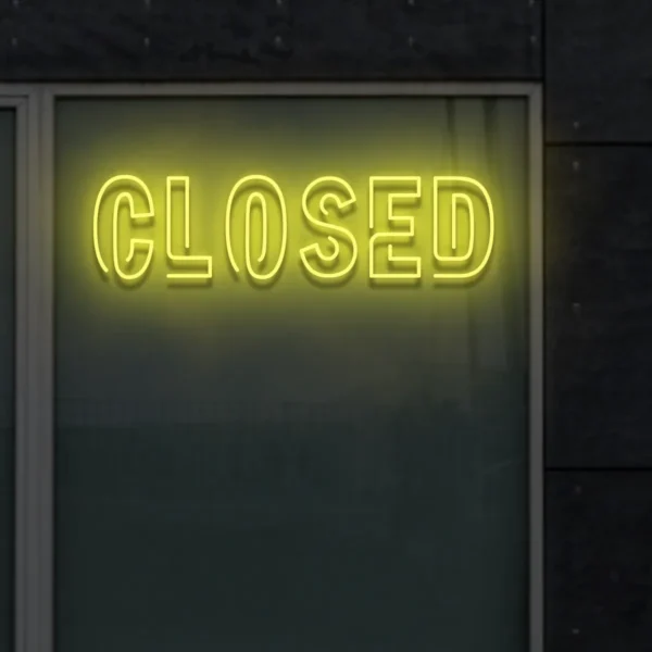 Żółty neon LED z napisem Closed dekoracyjny napis na witrynę