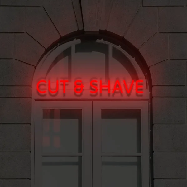 Czerwony neon Cut & Shave efektowna ozdoba nad drzwiami