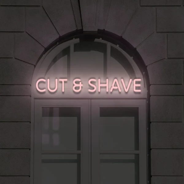 Jasnoróżowy neon LED z napisem Cut & Shave dekoracja zewnętrzna