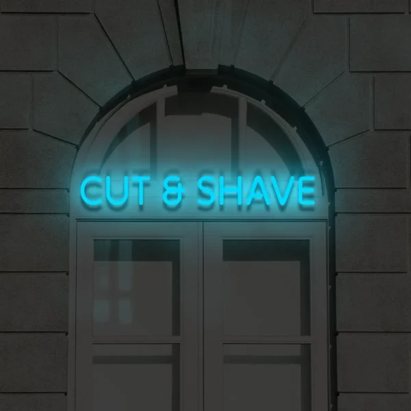 Niebieski neonowy napis Cut & Shave świecący szyld nad wejściem