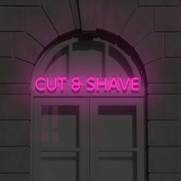 Różowy neonowy napis Cut & Shave dekoracyjny szyld lokalu