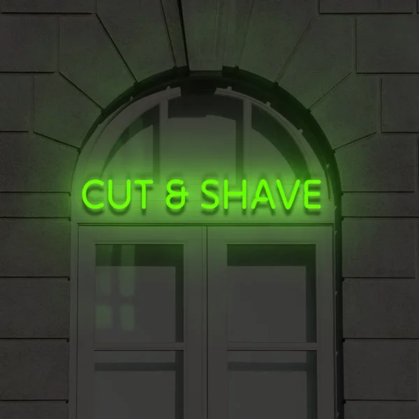 Zielony neon Cut & Shave świecąca dekoracja przy wejściu