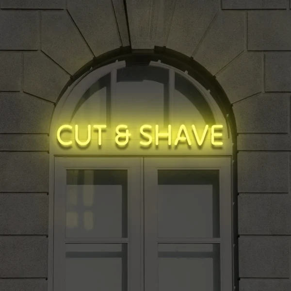 Żółty neon LED Cut & Shave wyrazisty napis na elewacji