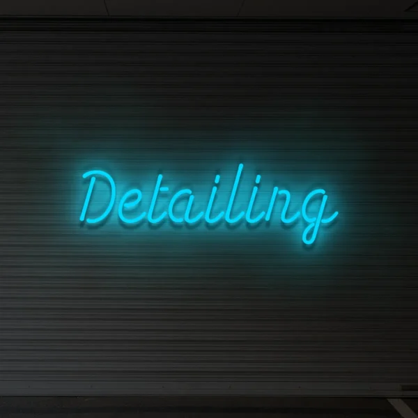 Niebieski neonowy napis Detailing podświetlana reklama