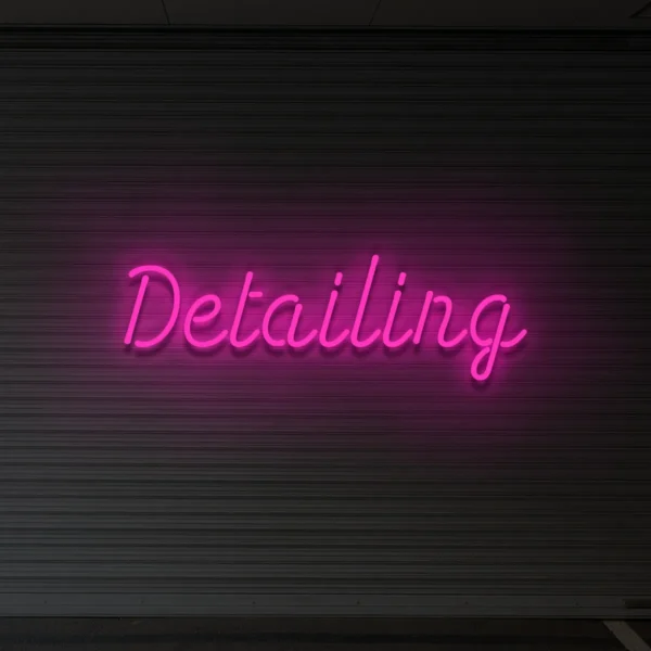Różowy neon LED z napisem Detailing dekoracja wnętrza