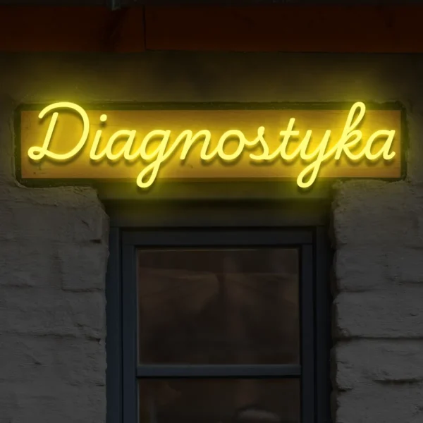 Żółty neon LED Diagnostyka nowoczesny napis na ścianę