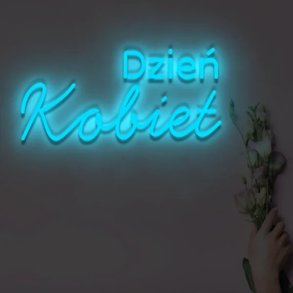 Niebieski neonowy napis Dzień Kobiet świecąca dekoracja na ścianę