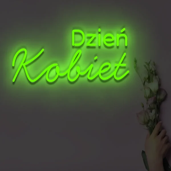 Zielony neon Dzień Kobiet świecący napis z bukietem kwiatów