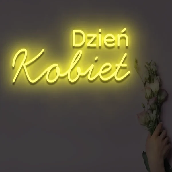 Żółty neonowy napis Dzień Kobiet dekoracja ścienna z kwiatami