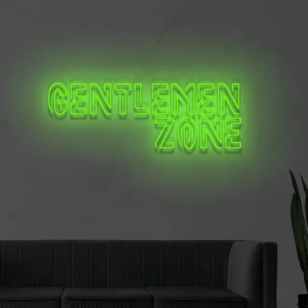 Zielony neonowy napis Gentlemen Zone świecąca dekoracja ścienna