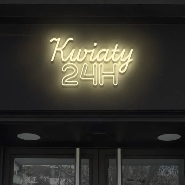 Beżowy neonowy napis Kwiaty 24H dekoracja świetlna