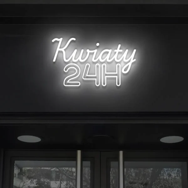 Biały neon LED Kwiaty 24H na czarnym tle