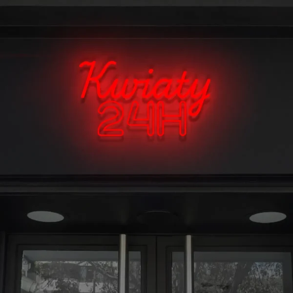 Czerwony neonowy napis Kwiaty 24H ozdoba świetlna