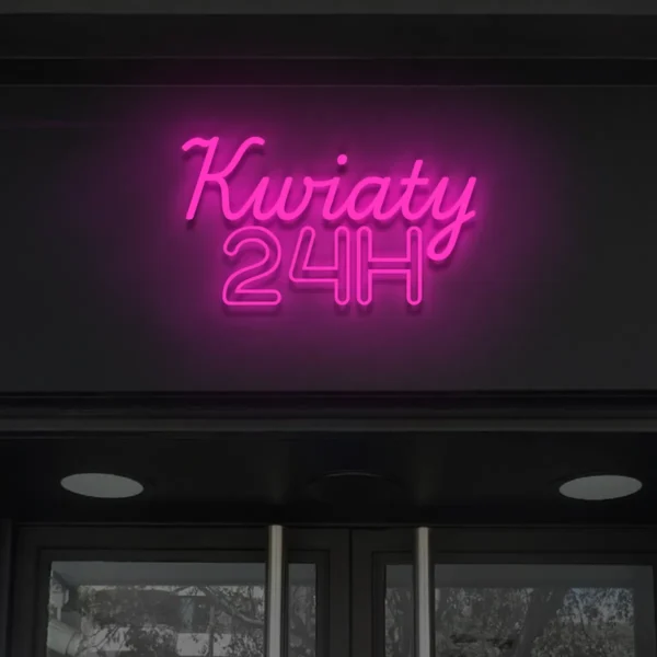 Różowy neonowy napis Kwiaty 24H ozdoba reklamowa