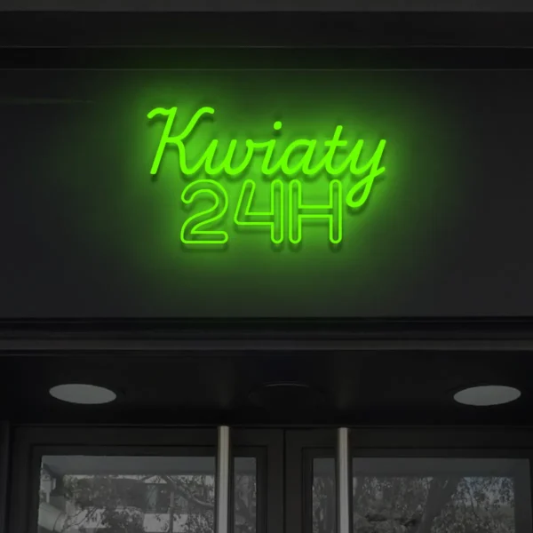 Zielony neonowy napis Kwiaty 24H szyld świecący