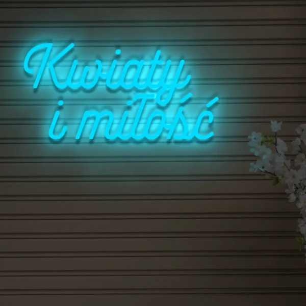 Niebieski neonowy napis Kwiaty i miłość świecąca dekoracja