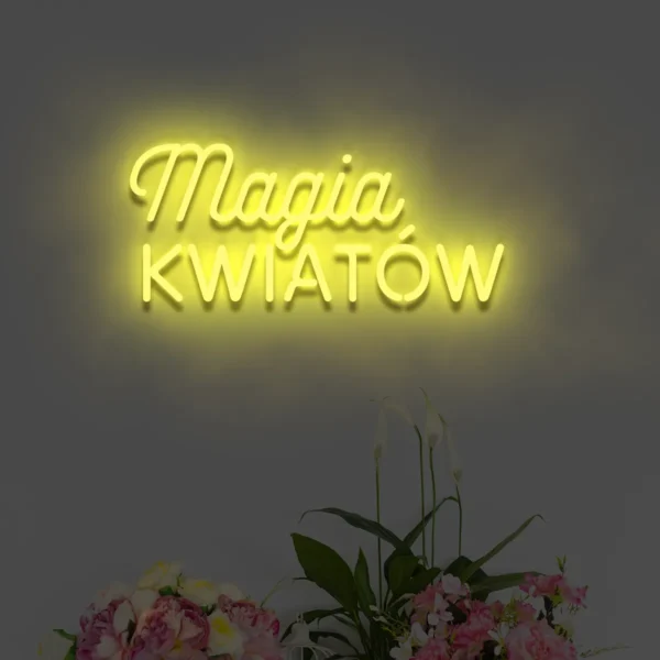 Magia Kwiatów – żółty neon LED na ścianę, dekoracyjny napis świetlny