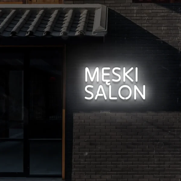 Biały neon LED z napisem Męski salon na ścianie