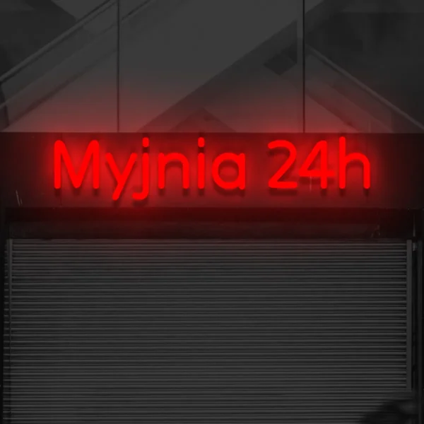 Czerwony neon Myjnia 24h widoczny z daleka