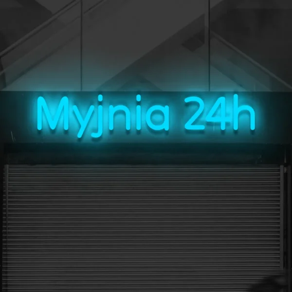 Niebieski neon LED Myjnia 24h na fasadzie