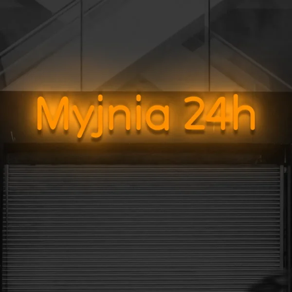 Pomarańczowy świecący napis Myjnia 24h nad wejściem