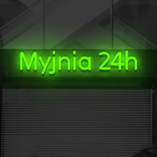 Zielony neonowy napis Myjnia 24h przy wjeździe