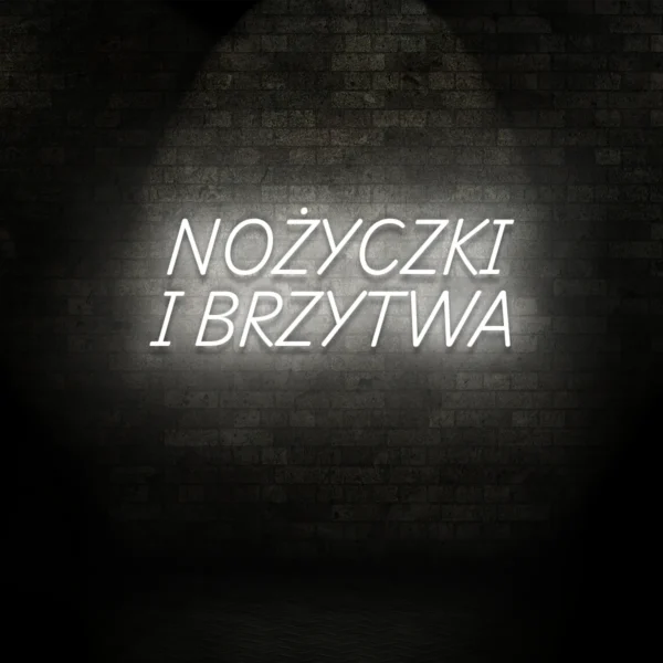 Biały neon LED z napisem Nożyczki i brzytwa na ścianie