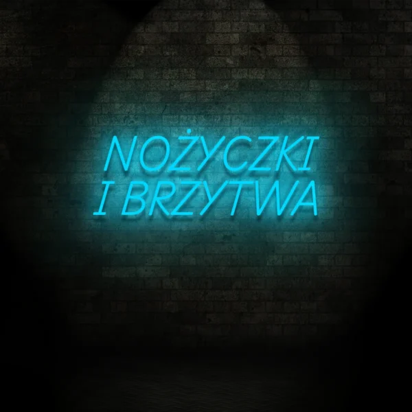 Niebieski neonowy napis Nożyczki i brzytwa świecąca dekoracja