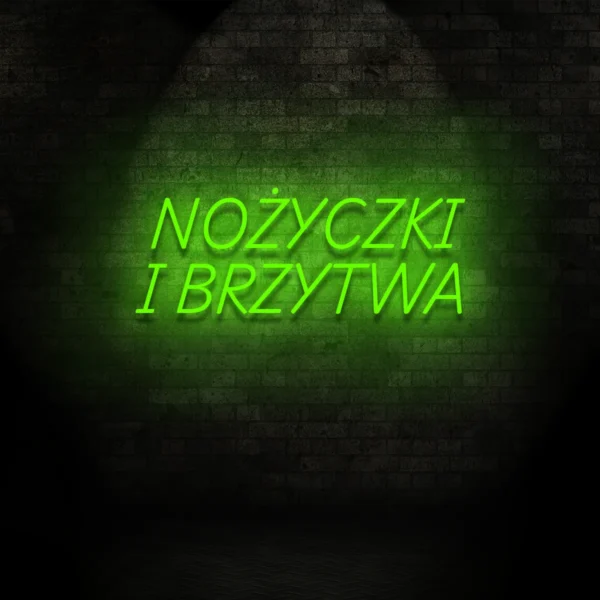 Zielony neonowy napis Nożyczki i brzytwa świecąca dekoracja ścienna