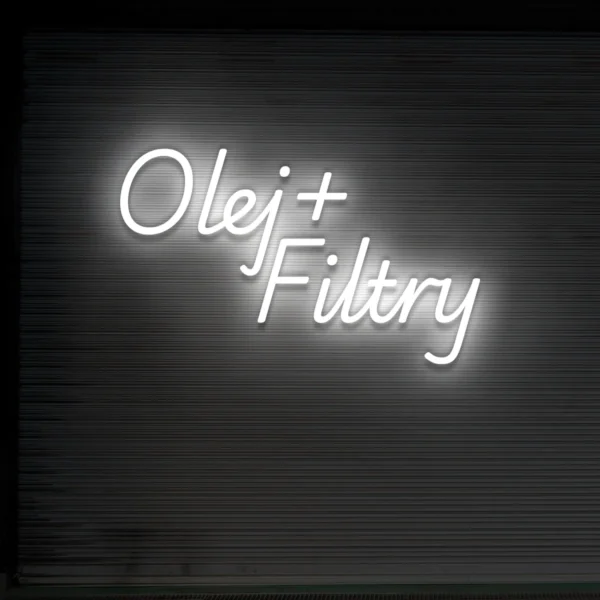 Biały neon LED z hasłem „Olej + Filtry” na ścianie