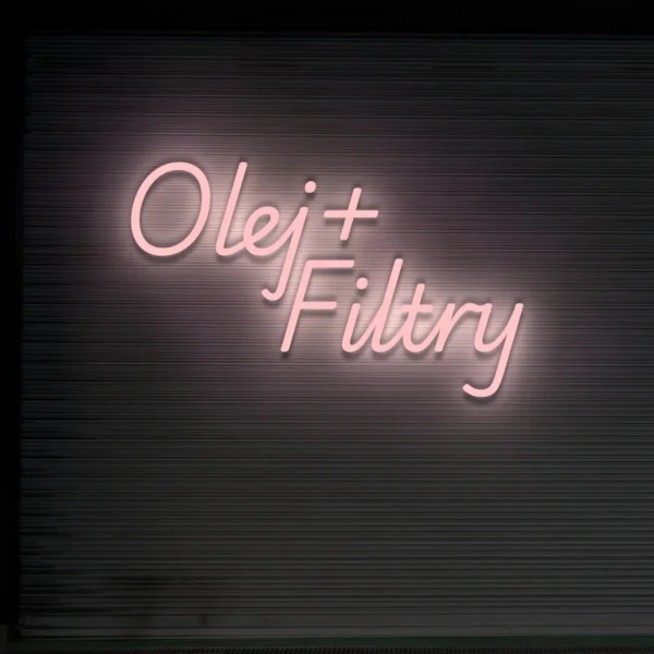 Jasnoróżowy neon „Olej + Filtry” dekoracja świetlna