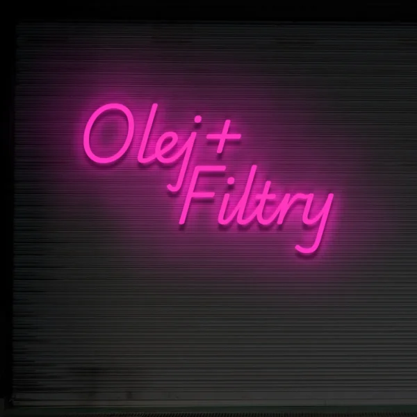 Różowy neon „Olej + Filtry” dekoracja do wnętrz