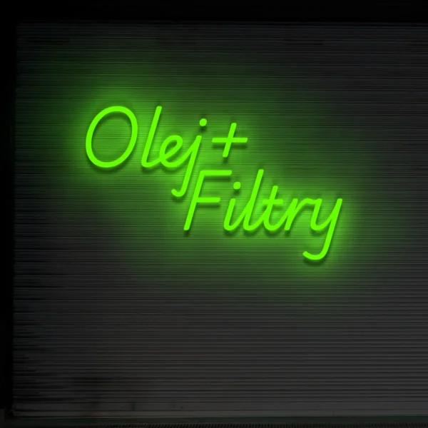 Zielony neonowy napis „Olej + Filtry” – szyld serwisowy