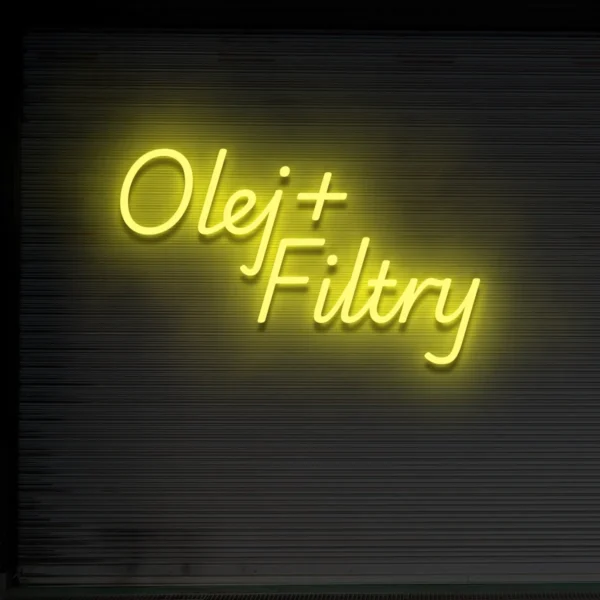 Żółty neon LED „Olej + Filtry” jasno świecąca dekoracja