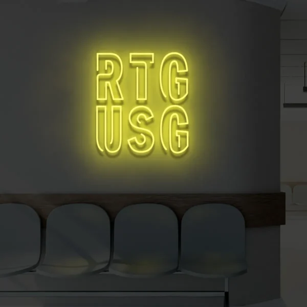 Żółty neon LED RTG USG elegancki napis na ścianę