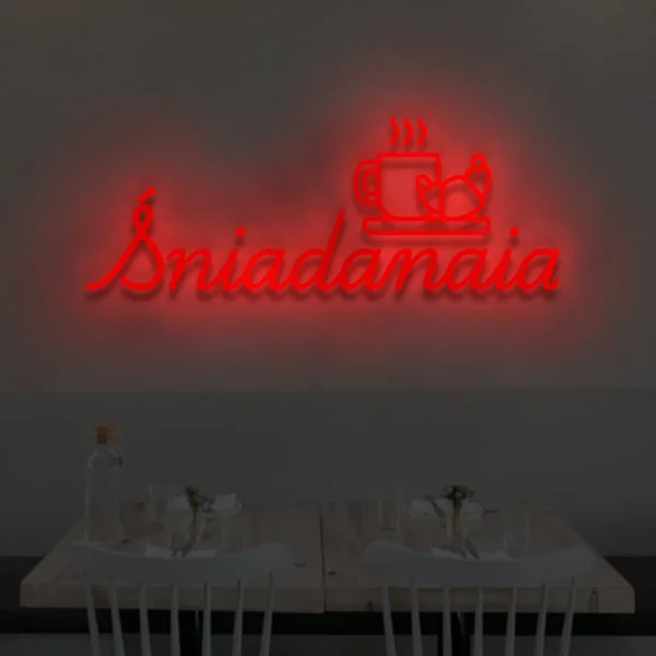 Czerwony neon Śniadania z ikoną filiżanki i rogalika, ozdoba do wnętrz