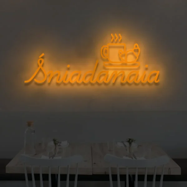 Pomarańczowy neon Śniadania z ikoną kawy i rogalika, ozdoba świetlna na ścianę