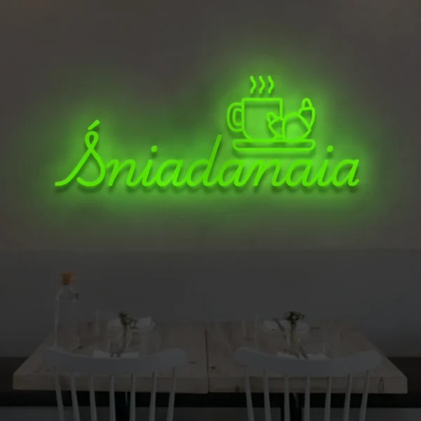 Zielony neonowy napis Śniadania z ikoną kawy i rogalika – dekoracja ścienna